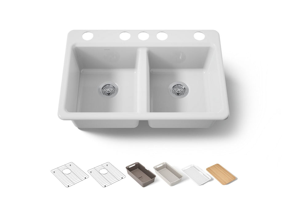 KOHLER K-8679-5UPC Riverby 33" undermount double-bowl workstation kitchen sink, white