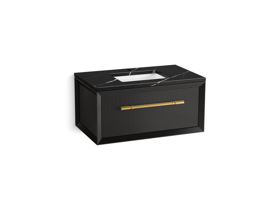 KOHLER K-CM33562-BD10 Enivo 36" Wall-hung Bathroom Vanity Cabinet with Sink and Quartz Top, Gloss Black - 3/4 view of product