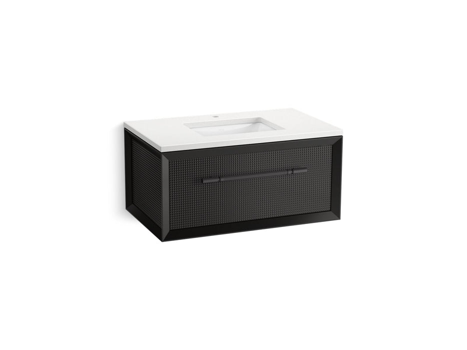 KOHLER K-CM33562-BD10 Enivo 36" Wall-hung Bathroom Vanity Cabinet with Sink and Quartz Top, Gloss Black - 3/4 view of product