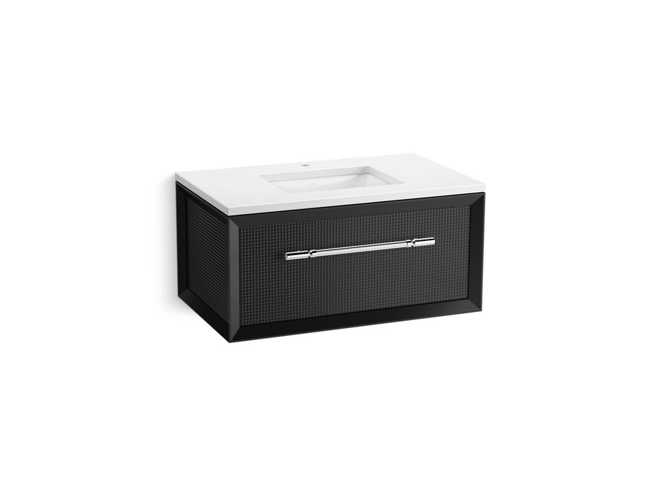 KOHLER K-CM33562-BD10 Enivo 36" Wall-hung Bathroom Vanity Cabinet with Sink and Quartz Top, Gloss Black - 3/4 view of product