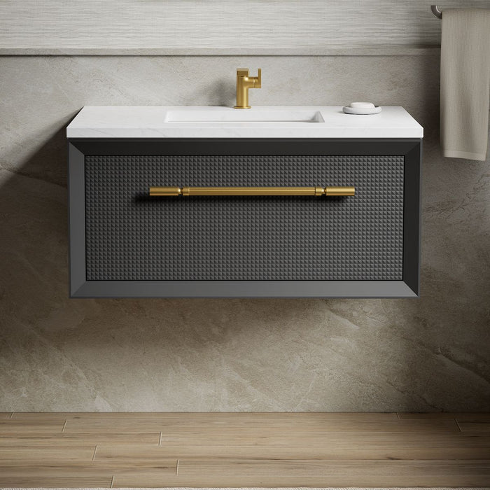 KOHLER K-CM33562-BD1 Enivo 36" Wall-hung Bathroom Vanity Cabinet with Sink and Quartz Top, Gloss Black - Shows close up detai