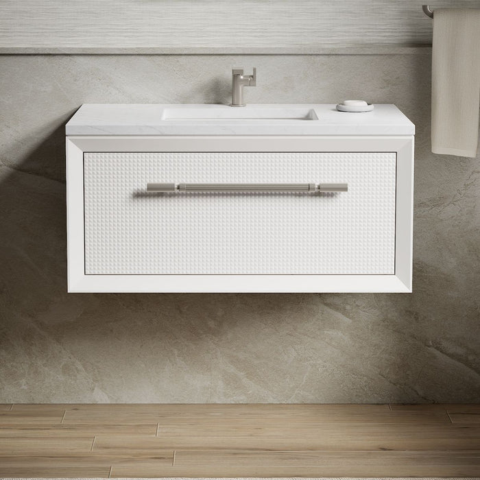 KOHLER K-CM33562-BD1 Enivo 36" Wall-hung Bathroom Vanity Cabinet with Sink and Quartz Top, White - Shows close up detail of p