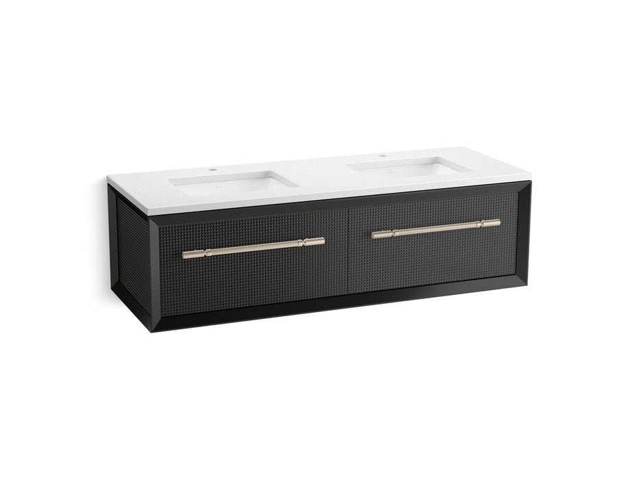 KOHLER K-CM33563-BD11 Enivo 60" Wall-hung Bathroom Vanity Cabinet with Sinks and Quartz Top, Gloss Black - 3/4 view of produc