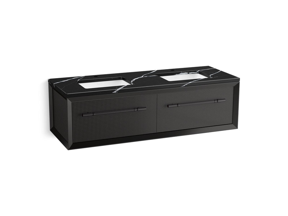 KOHLER K-CM33563-BD11 Enivo 60" Wall-hung Bathroom Vanity Cabinet with Sinks and Quartz Top, Gloss Black - 3/4 view of produc