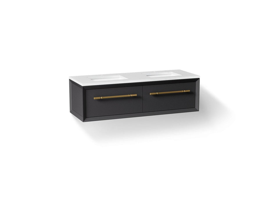KOHLER K-CM33563-BD1 Enivo 60" Wall-hung Bathroom Vanity Cabinet with Sinks and Quartz Top, Gloss Black - 3/4 view of product