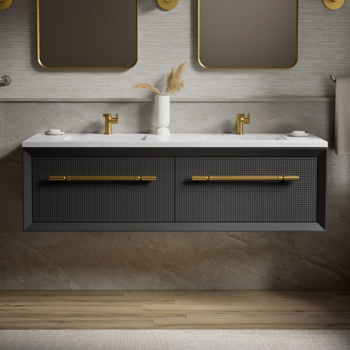 KOHLER K-CM33563-BD1 Enivo 60" Wall-hung Bathroom Vanity Cabinet with Sinks and Quartz Top, Gloss Black - Shows close up deta