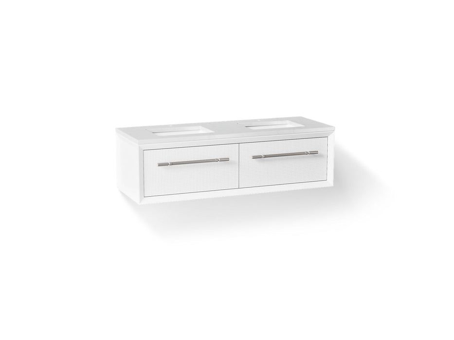 KOHLER K-CM33563-BD1 Enivo 60" Wall-hung Bathroom Vanity Cabinet with Sinks and Quartz Top, White - 3/4 view of product