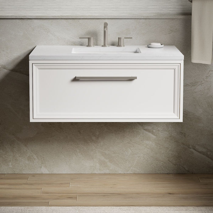 KOHLER K-CM33566-BD1 Lodern 36" Wall-hung Bathroom Vanity Cabinet with Sink and Quartz Top, Linen White - Shows close up deta