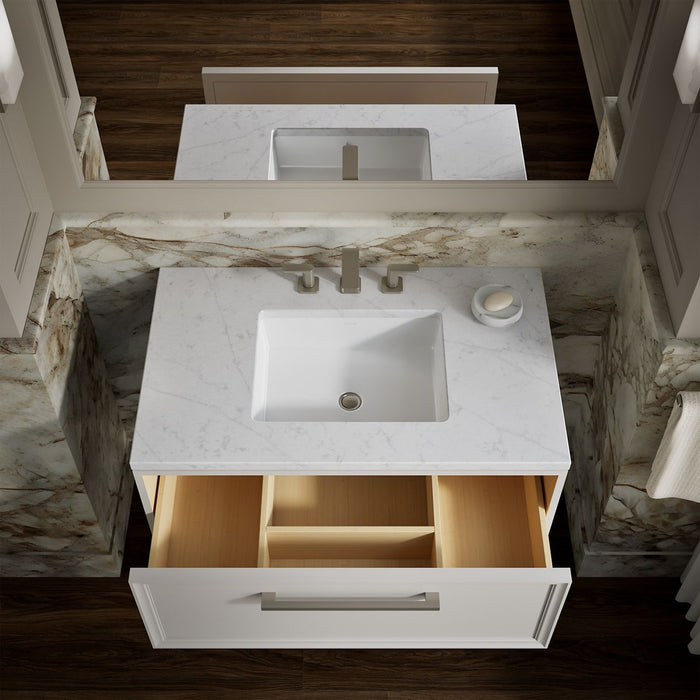 KOHLER K-CM33566-BD22 Lodern 36" Wall-hung Bathroom Vanity Cabinet with Sink and Quartz Top, Linen White - Products in use in