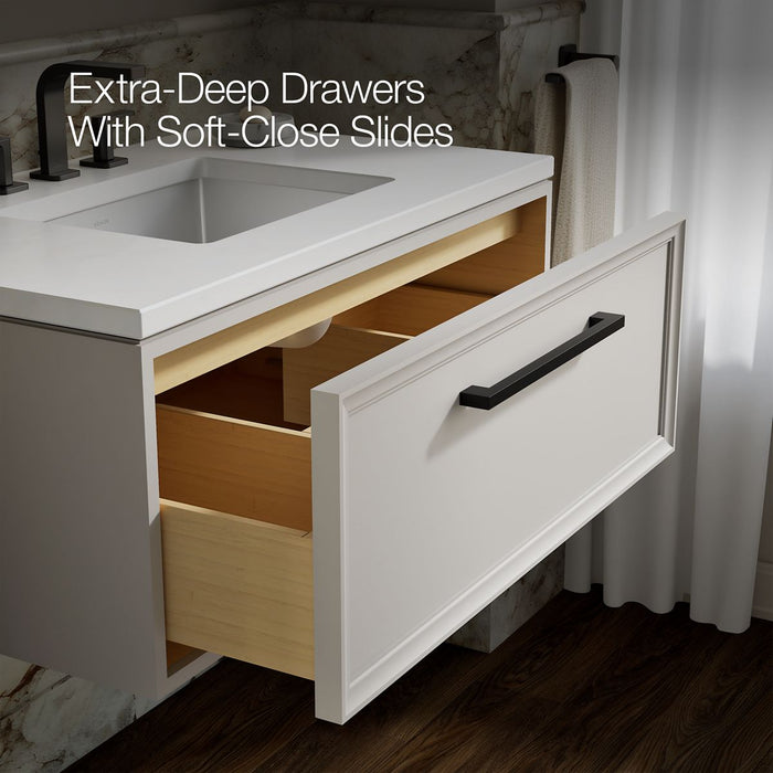 KOHLER K-CM33566-BD22 Lodern 36" Wall-hung Bathroom Vanity Cabinet with Sink and Quartz Top, Linen White - Shows close up det