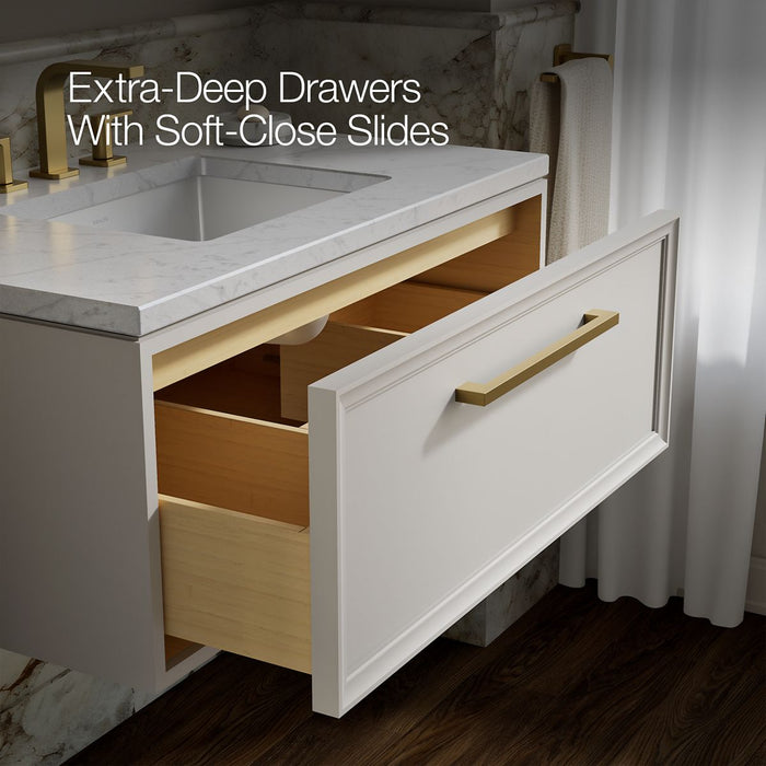 KOHLER K-CM33566-BD22 Lodern 36" Wall-hung Bathroom Vanity Cabinet with Sink and Quartz Top, Linen White - Shows close up det