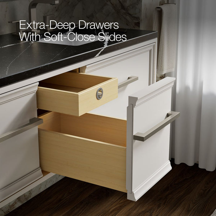KOHLER K-CM33567-BD23 Lodern 60" Wall-hung Bathroom Vanity Cabinet with Sinks and Quartz Top, Linen White - Shows close up de