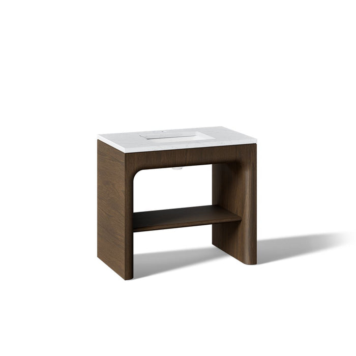 KOHLER K-CM39272-BD1 Statement 36" Console-style Bathroom Vanity Set with Sink and Quartz Top, Draper Oak - 3/4 view of produ