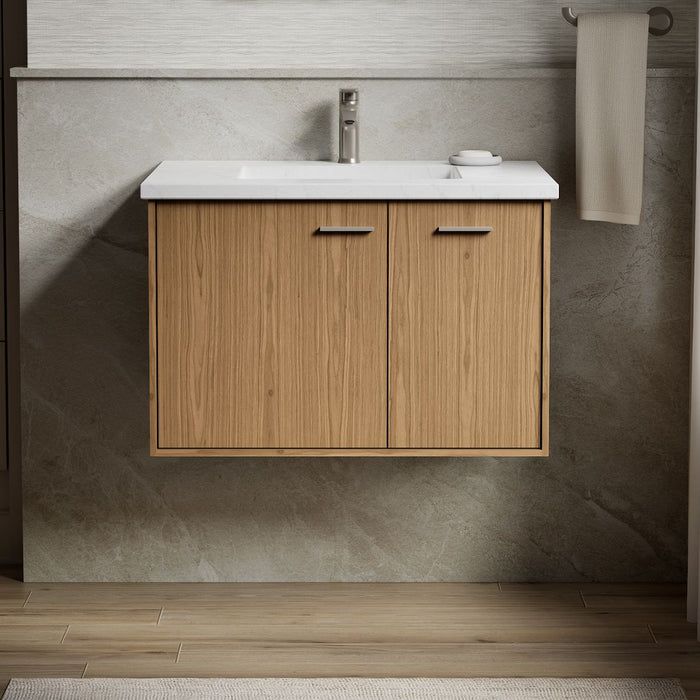 KOHLER K-CM99541-BD1 Jute 31" Wall-hung Bathroom Vanity Cabinet with Sink and Quartz Top, Walnut Flax - Shows close up detail