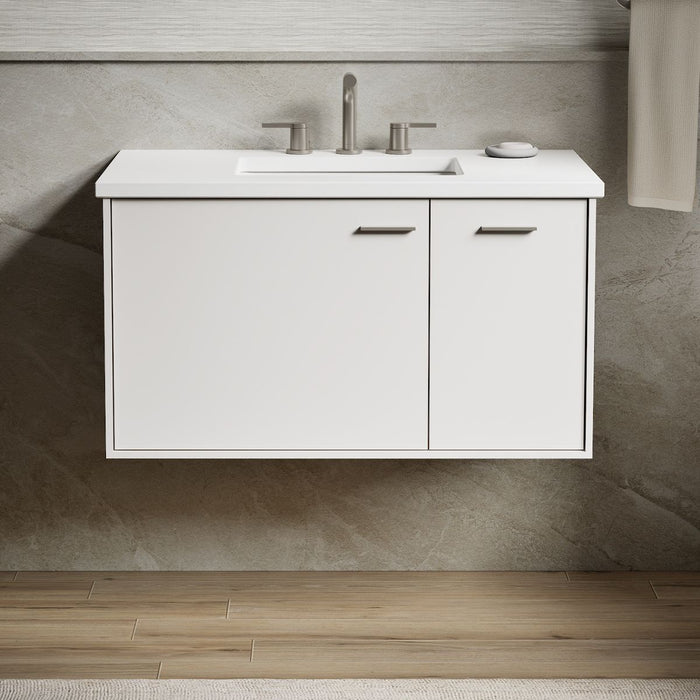 KOHLER K-CM99543-BD1 Jute 36" Wall-hung Bathroom Vanity Cabinet with Sink and Quartz Top, Linen White - Shows close up detail