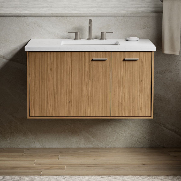 KOHLER K-CM99543-BD1 Jute 36" Wall-hung Bathroom Vanity Cabinet with Sink and Quartz Top, Walnut Flax - Shows close up detail