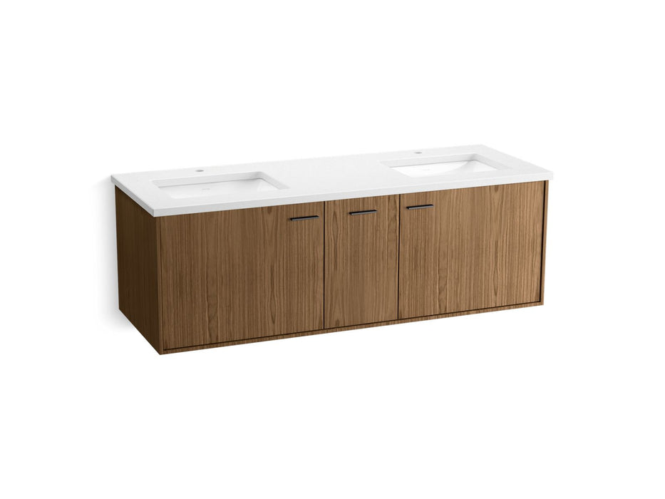 KOHLER K-CM99548-BD16 Jute 60" Wall-hung Bathroom Vanity Cabinet with Sinks and Quartz Top, Walnut Flax - 3/4 view of product