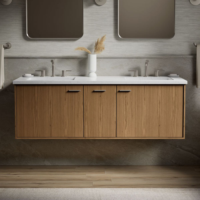 KOHLER K-CM99548-BD1 Jute 60" Wall-hung Bathroom Vanity Cabinet with Sinks and Quartz Top, Walnut Flax - Shows close up detai