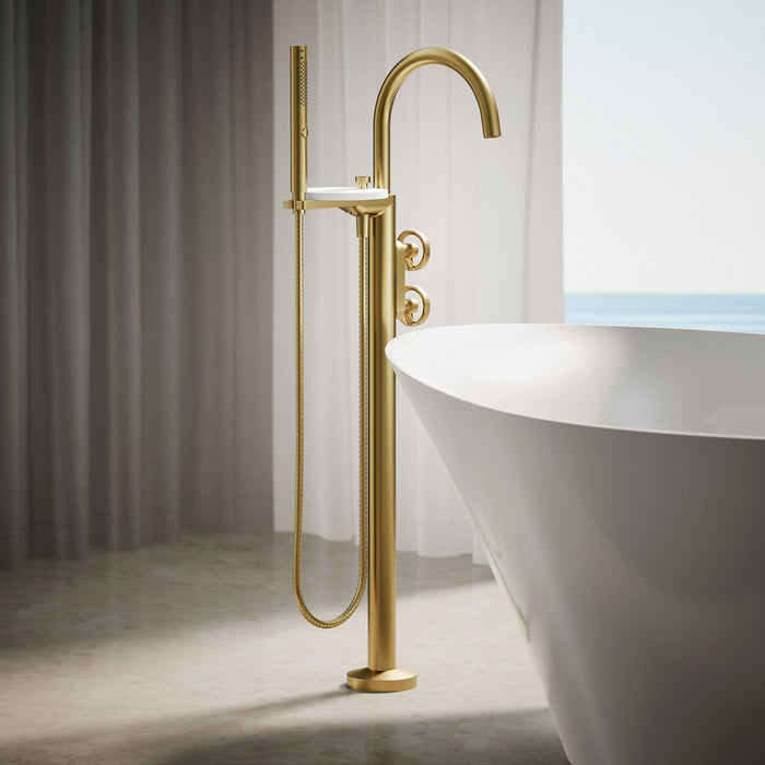 KOHLER K-T77984-9 Components Floor-mount bath filler trim with industrial handles and handshower, vibrant brushed moderne...