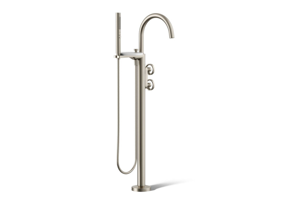 KOHLER K-T77984-9 Components Floor-mount bath filler trim with industrial handles and handshower, vibrant brushed nickel