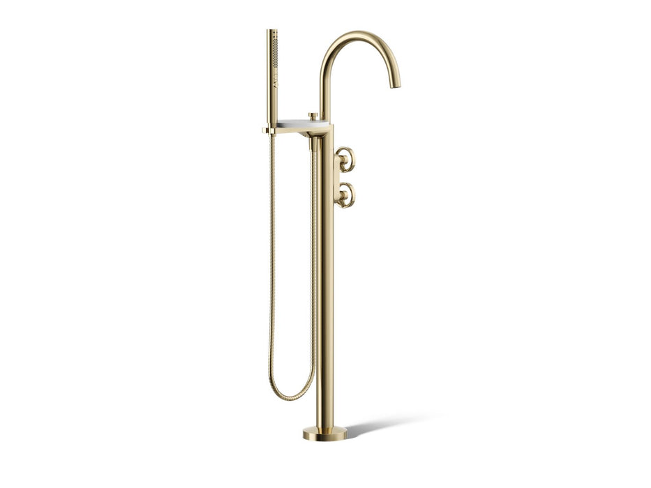 KOHLER K-T77984-9 Components Floor-mount bath filler trim with industrial handles and handshower, vibrant french gold