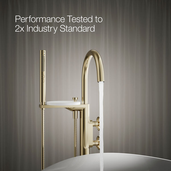 KOHLER K-T77984-9 Components Floor-mount bath filler trim with industrial handles and handshower, vibrant french gold -...