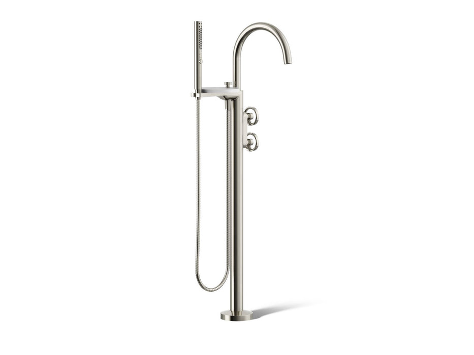 KOHLER K-T77984-9 Components Floor-mount bath filler trim with industrial handles and handshower, vibrant polished nickel
