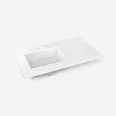 Robern TF37ULO92-8 Quartz Stone Vanity Top, 37" x 3/4" x 22", Left Offset Undercounter Sink, Quartz White, Three Hole