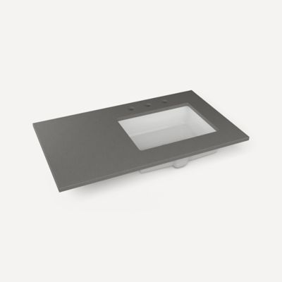 Robern TF37URO91-8 Quartz Stone Vanity Top, 37" x 3/4" x 22", Right Offset Undercounter Sink, Stone Gray, Three Hole