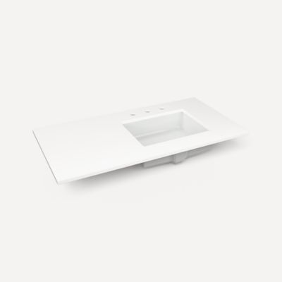 Robern TF43URO92-8 Quartz Stone Vanity Top, 43" x 3/4" x 22", Right Offset Undercounter Sink, Quartz White, Three Hole