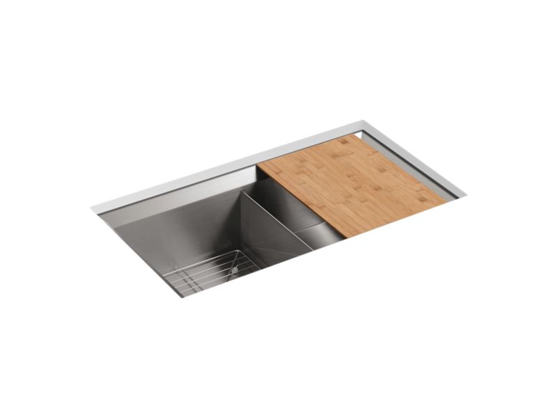 KOHLER 3159-NA Poise 33" X 18" X 9-1/2" Undermount Double-Equal Bowl Kitchen Sink, Includes Cutting Board And Rack