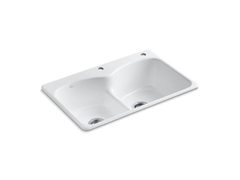 KOHLER K-6626-2 Langlade 33" x 22" x 9-5/8" top-mount Smart Divide double-equal kitchen sink with one faucet hole and one accessory hole