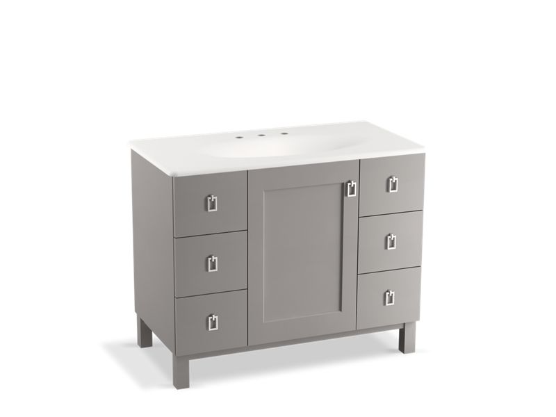 KOHLER K-99562-LG-1WT Poplin 42" bathroom vanity cabinet with legs, 1 door and 6 drawers