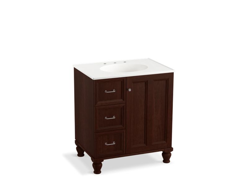 KOHLER K-99517-LGL-1WG Damask 30" bathroom vanity cabinet with furniture legs, 1 door and 3 drawers on left