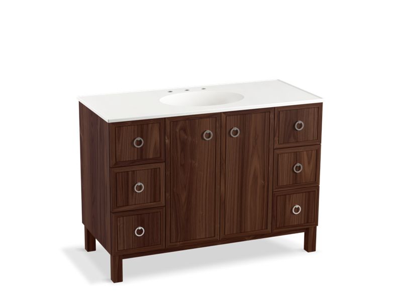 KOHLER K-99509-LGSD-1WE Jacquard 48" bathroom vanity cabinet with furniture legs, 2 doors and 6 drawers, split top drawers