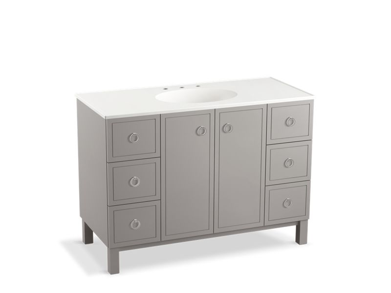 KOHLER K-99509-LGSD-1WT Jacquard 48" bathroom vanity cabinet with furniture legs, 2 doors and 6 drawers, split top drawers