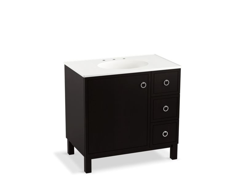 KOHLER K-99507-LGR-1WU Jacquard 36" bathroom vanity cabinet with furniture legs, 1 door and 3 drawers on right