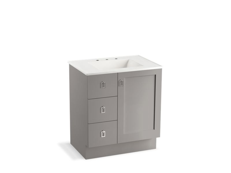 KOHLER K-99530-TKL-1WT Poplin 30" bathroom vanity cabinet with toe kick, 1 door and 3 drawers on left