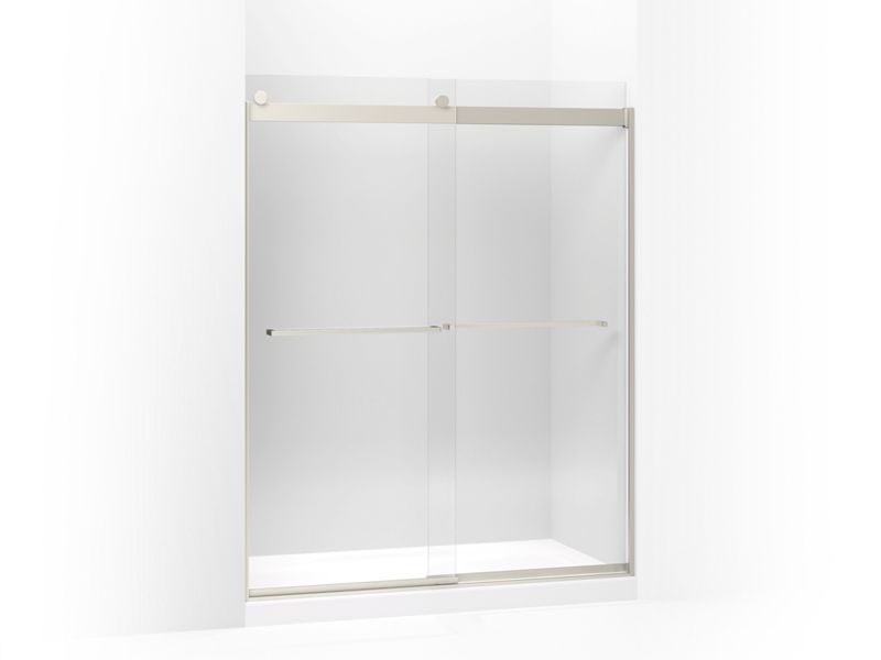 KOHLER 706018-L-NX Levity Sliding Shower Door, 74" H X 56-5/8 - 59-5/8" W, With 3/8" Thick Crystal Clear Glass And Square Towel Bar in Brushed Nickel