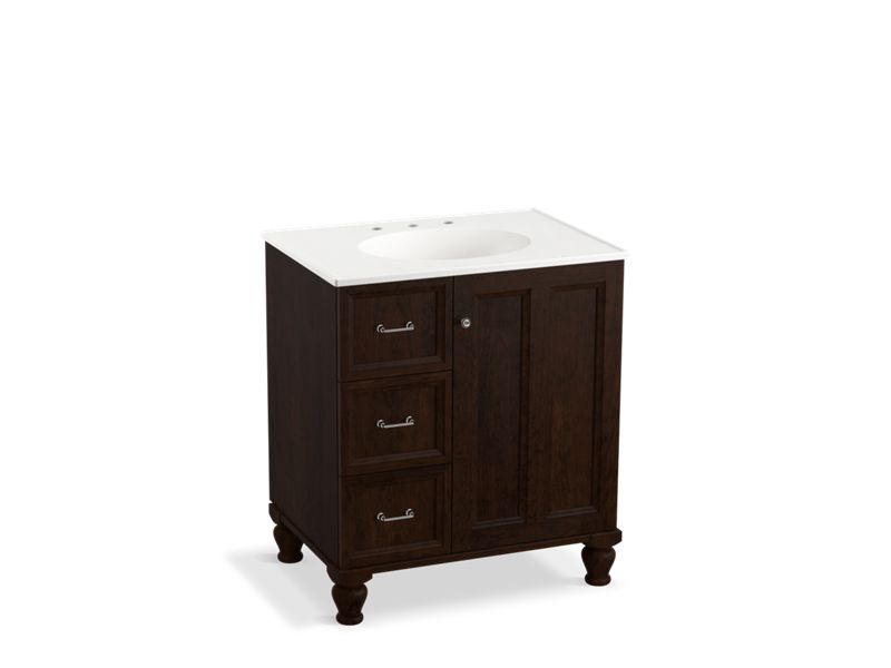 KOHLER K-99517-LGL-1WB Damask 30" bathroom vanity cabinet with furniture legs, 1 door and 3 drawers on left
