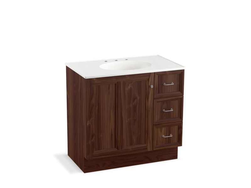 KOHLER K-99520-TKR-1WE Damask 36" bathroom vanity cabinet with toe kick, 1 door and 3 drawers on right
