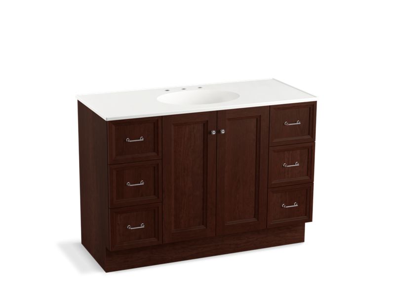 KOHLER K-99522-TKSD-1WG Damask 48" bathroom vanity cabinet with toe kick, 2 doors and 6 drawers, split top drawers