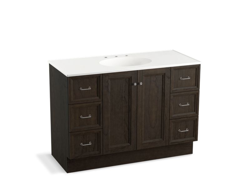 KOHLER K-99522-TKSD-1WC Damask 48" bathroom vanity cabinet with toe kick, 2 doors and 6 drawers, split top drawers