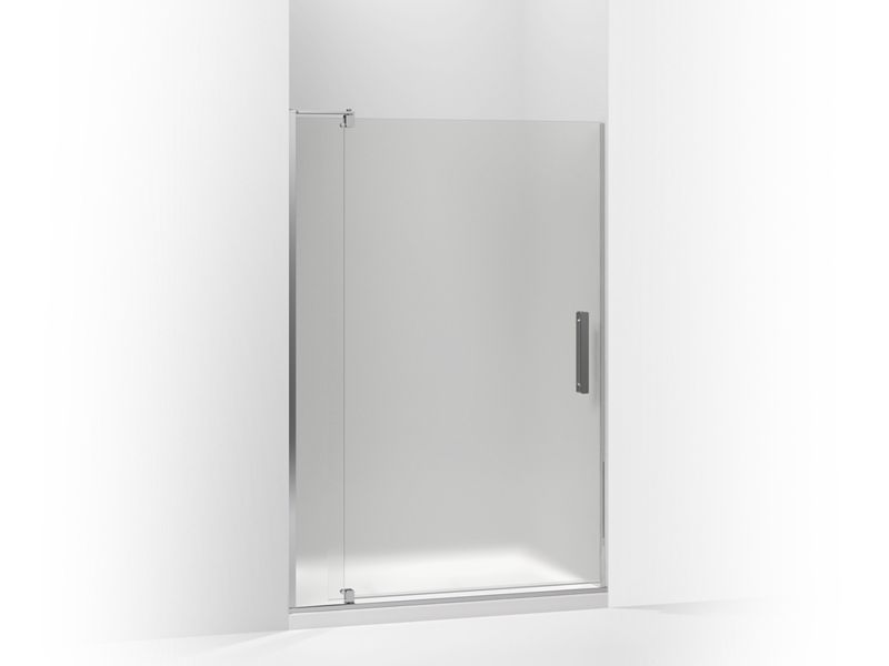 KOHLER 707546-D3-SHP Revel Pivot Shower Door, 74"H X 39-1/8 - 44"W, With 5/16" Thick Frosted Glass in Bright Polished Silver