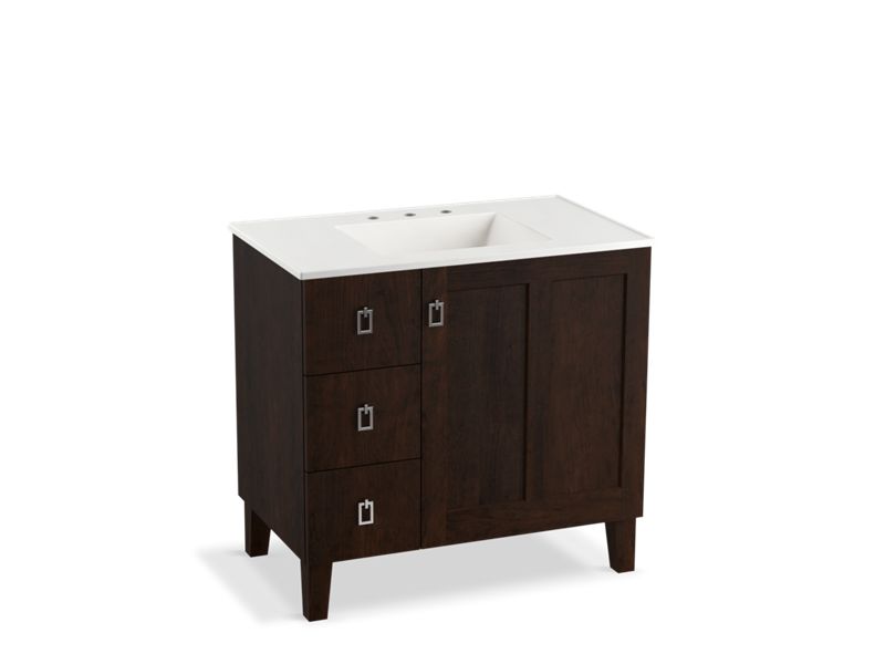 KOHLER K-99533-LGL-1WB Poplin 36" bathroom vanity cabinet with legs, 1 door and 3 drawers on left
