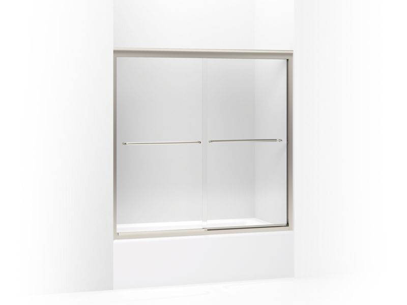 KOHLER 702200-L-MX Fluence Sliding Bath Door, 58-5/16" H X 56-5/8 - 59-5/8" W, With 1/4" Thick Crystal Clear Glass in Matte Nickel