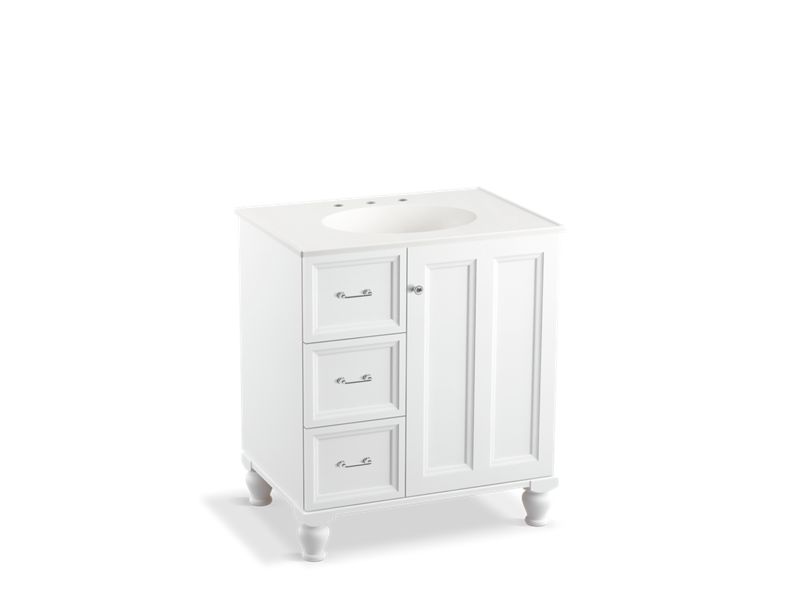 KOHLER K-99517-LGL-1WA Damask 30" bathroom vanity cabinet with furniture legs, 1 door and 3 drawers on left