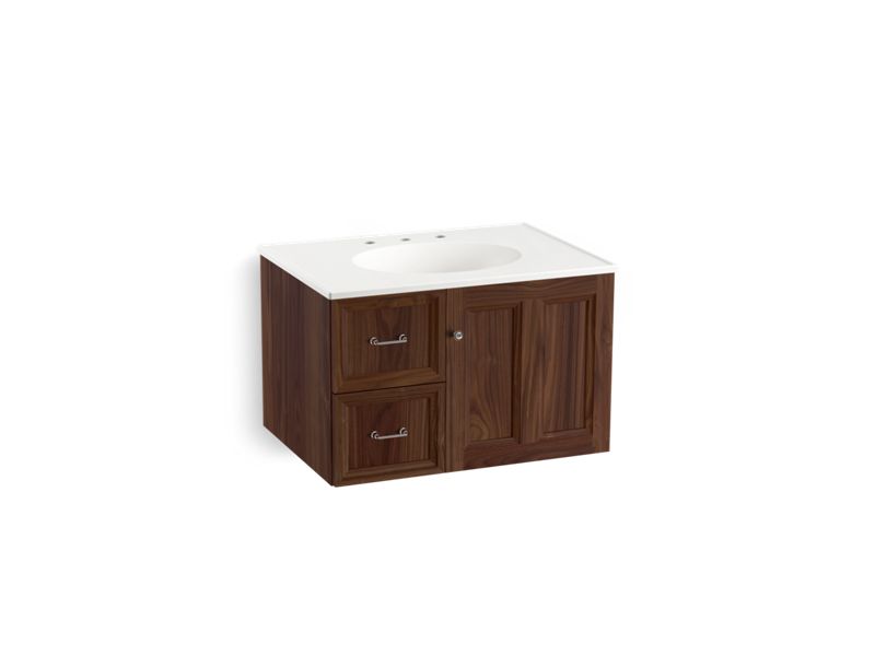 KOHLER K-99517-L-1WE Damask 30" wall-hung bathroom vanity cabinet with 1 door and 2 drawers on left