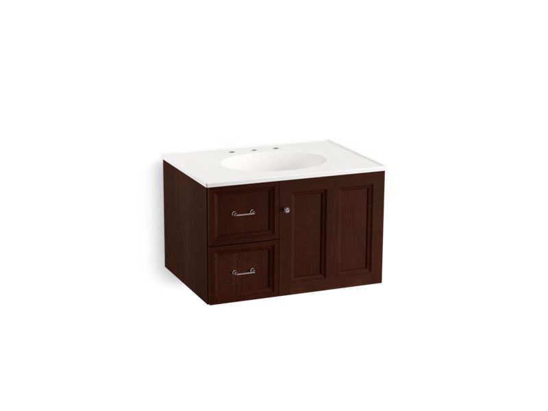KOHLER K-99517-L-1WG Damask 30" wall-hung bathroom vanity cabinet with 1 door and 2 drawers on left