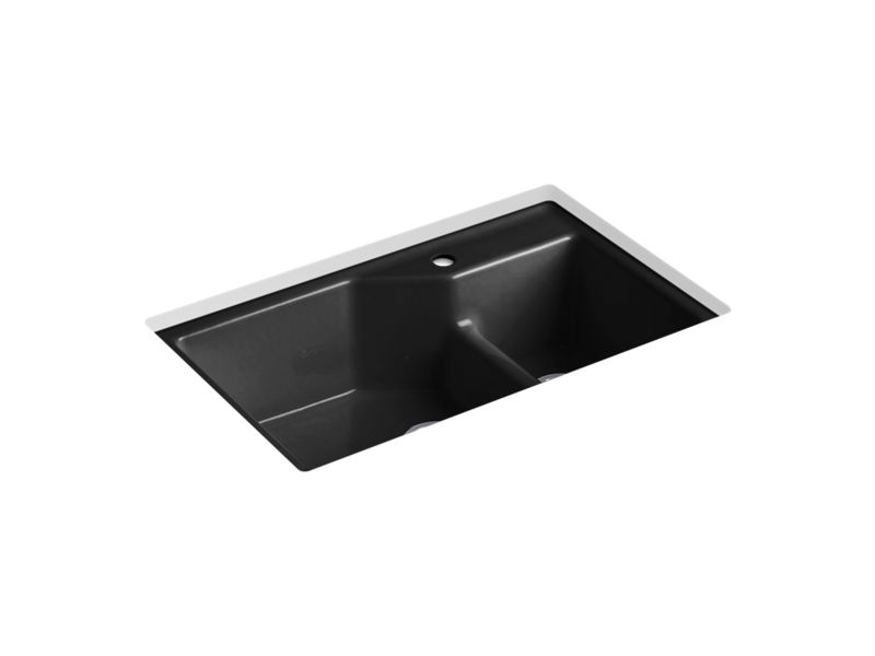 KOHLER K-6411-1 Indio 33" x 21-1/8" x 9-3/4" Smart Divide undermount large/small double-bowl workstation kitchen sink with single faucet hole